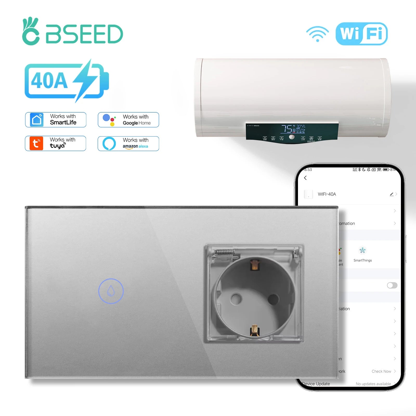 BSEED Wifi Smart Water Heater Switches Touch Boiler Switches 40A Plus EU Waterproof Socket For Kitchen Batroom Tuya Smart Life