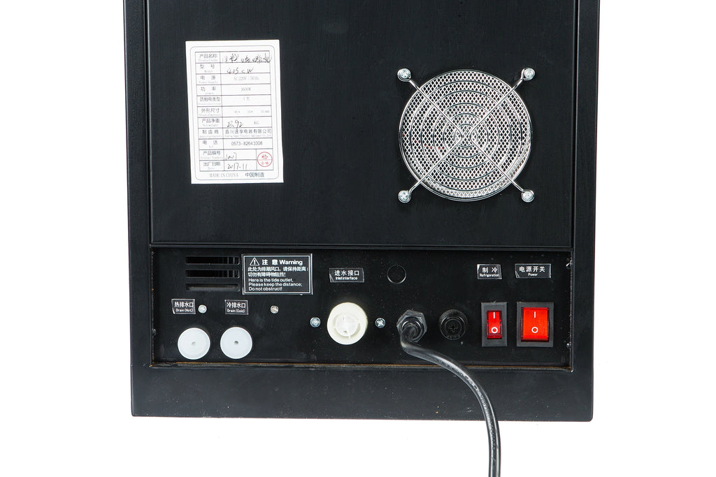 Black commercial water boiler back view with cooling fan, power switches, and drain outlets on white background.