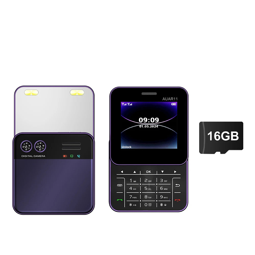 Side-slider dual SIM smartphone set: purple frame with light gold back and black keypad front