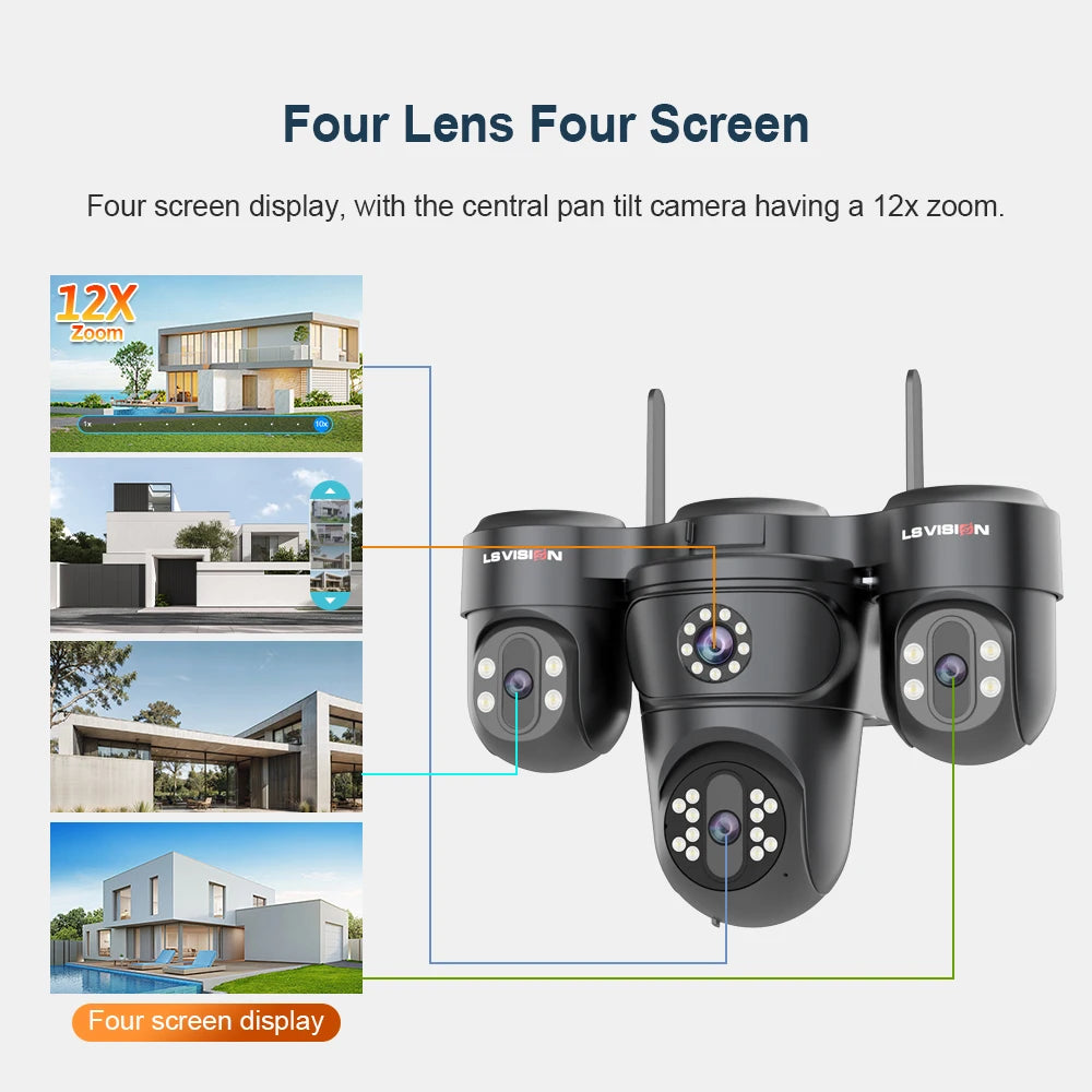 LS VISION 20MP 4 Screen 4G AOV  Solar Camera 12X Zoom 3 PTZ 360° 24/7 Video Recording  AI Humanoid Auto Tracking CCTV IP Camera