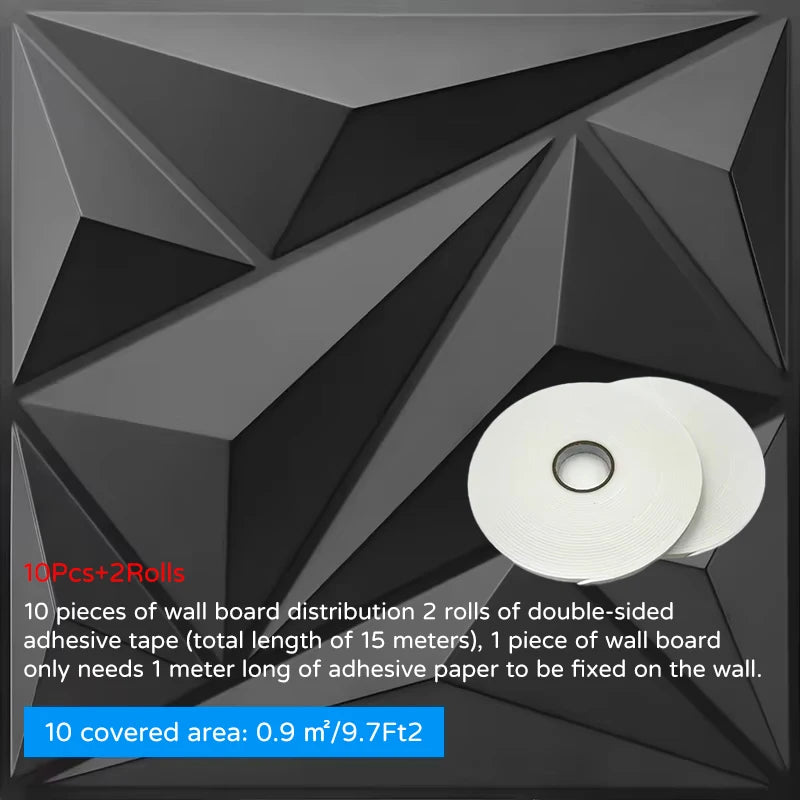 3D wall panel stickers with geometric relief pattern, dark gray/black tones, tape rolls included
