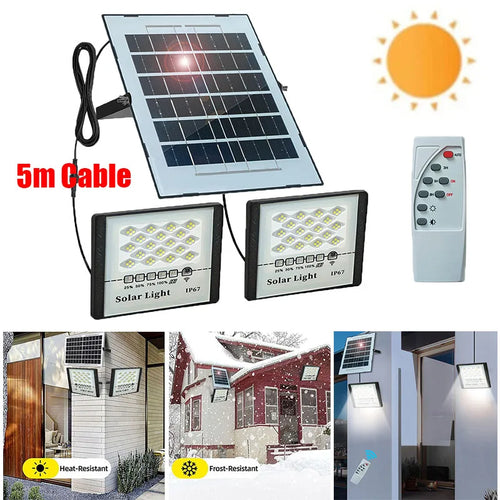 Solar LED floodlight kit with solar panel, two wall lights, 5m cable, and remote