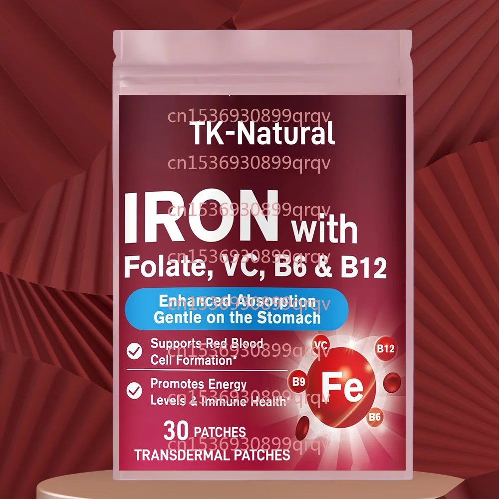 30 Patches Iron Transdermal Patches for Women & Men with Vitamin C, B6, B12, Folate for Blood Health & Energy Boost