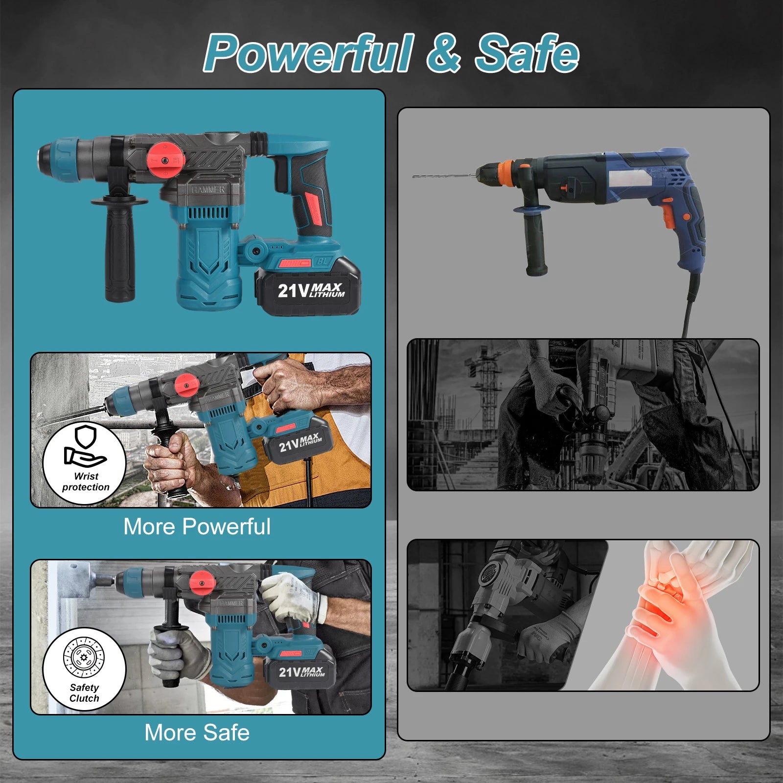 Brushless Electric Hammer Drill Multi-function Rotating Power Screwdriver 26MM Wireless Hammer Drill Tool Compatible with Makita 21V Battery
