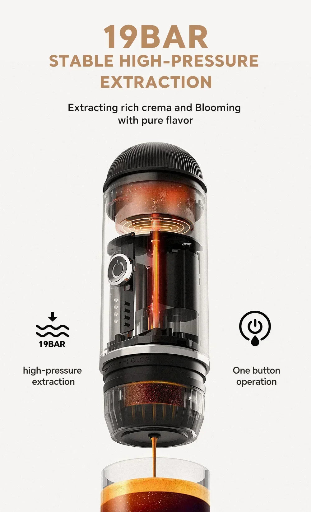 Portable 19-bar espresso maker in black and clear glass, featuring one-button operation for rich crema extraction.