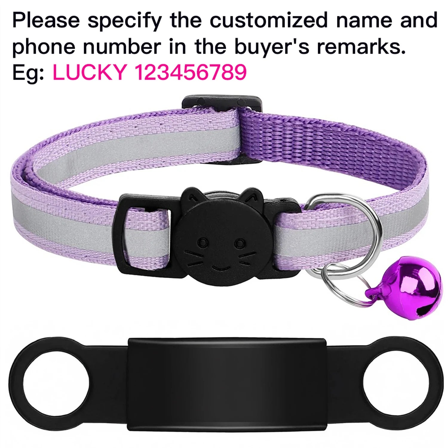 Customized purple reflective cat collar with ID tag, safety bell, and anti-lost engraved nameplate for puppy or kitten.