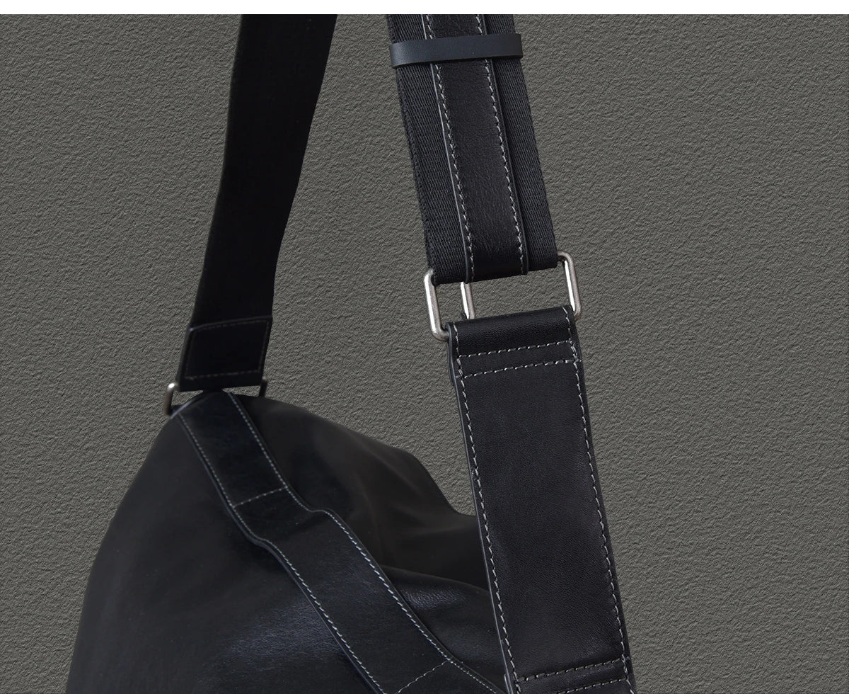 Retro Designer Men New Black Cowskin Genuine Leather Travel Bag Big Capacity Casual Tote Handbag Single Shoulder Crossbody Bag