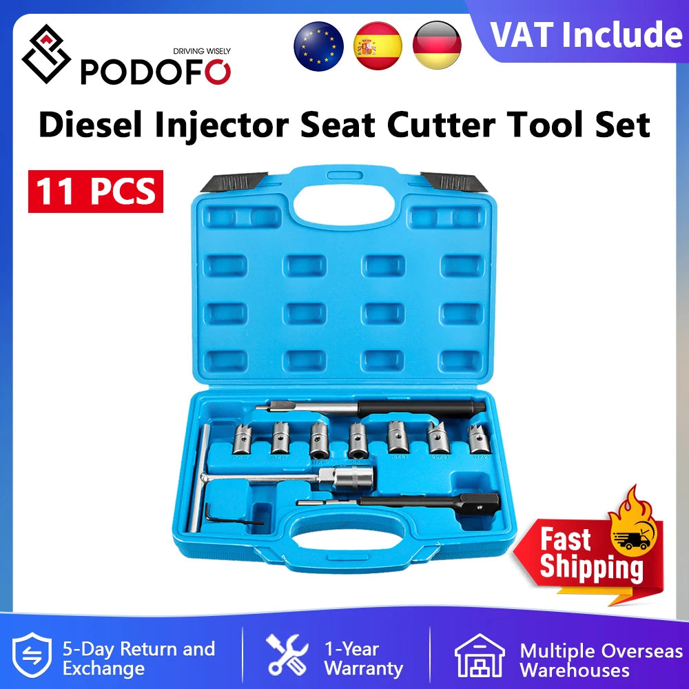 Podofo 11 PCS Diesel Injector Seat Cutter Tool Set Car Reamer Carbon Remover Clean Repair Tool Cutter Flat Reamer Repair Tools