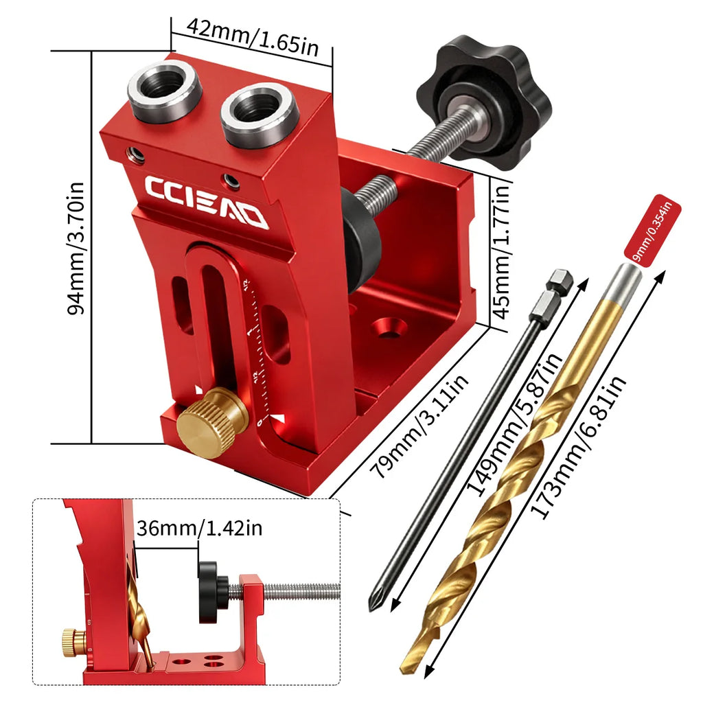 Aluminum Alloy Pocket Hole Jig Kit, Woodworking Oblique Hole Locator with 9mm Drill Bit, Adjustable Pocket Hole Carpentry Tool