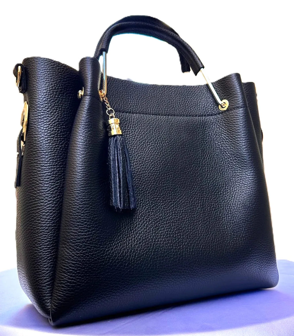 Royaa Handmade Genuine Leather Non-Waterproof Polyester Lining Fashion Tote Bag Women Large Black Zipper Closure Single Shoulder