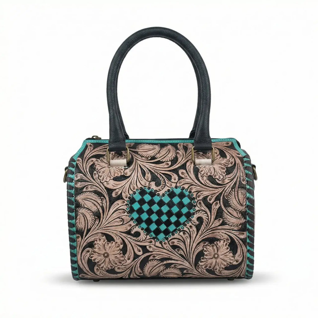 Luxury genuine leather mini trunk bag with floral tooling, teal checkered heart design, and black double handles.