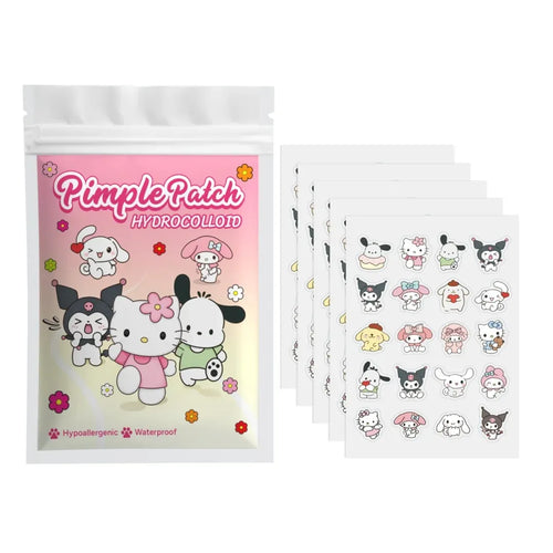 Hydrocolloid acne patches in a resealable pouch with cute cartoon sticker art.