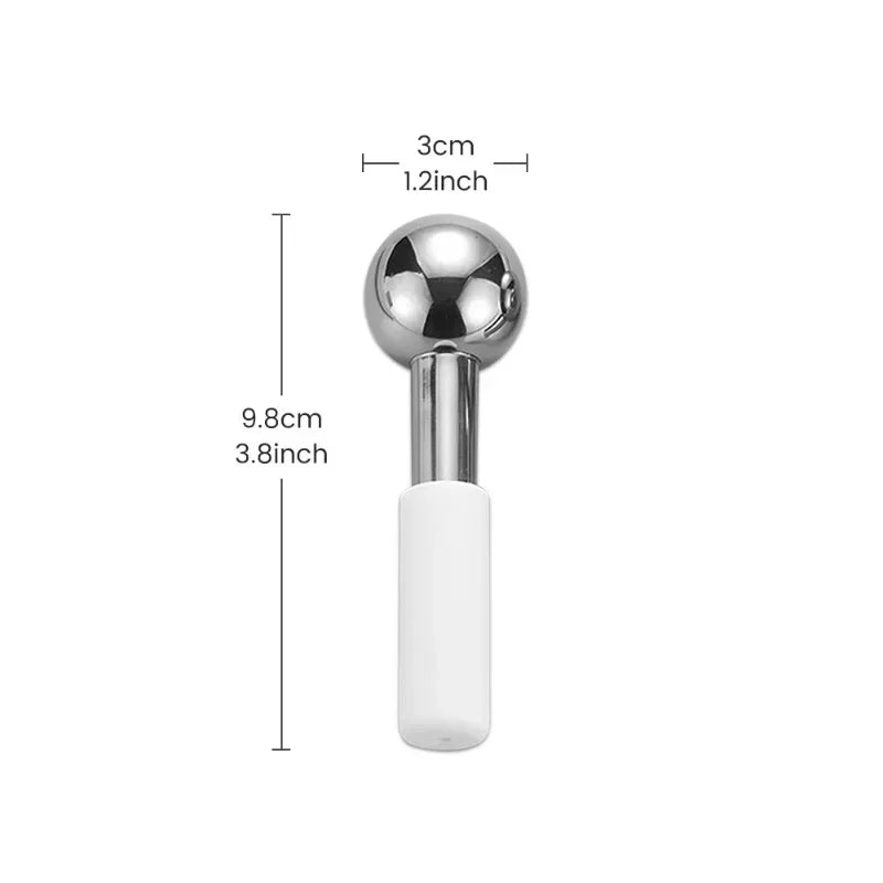Stainless steel facial ice globe with a white handle, showing 3cm width and 9.8cm total length dimensions.
