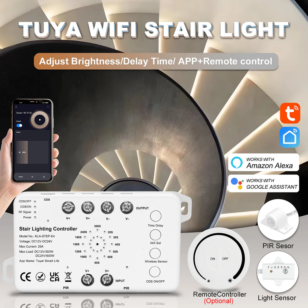 5-30 Steps New Tuya Wifi Staircase Light Kit Motion Sensor Wall Switch Remote APP Control Stair LED Strip Full Set STEP-E4