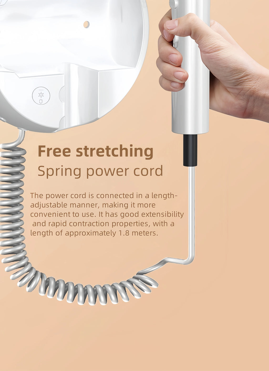 White wall-mounted hair dryer with 1.8m retractable spring cord for easy hotel or home use. 1800W, 3-speed settings.