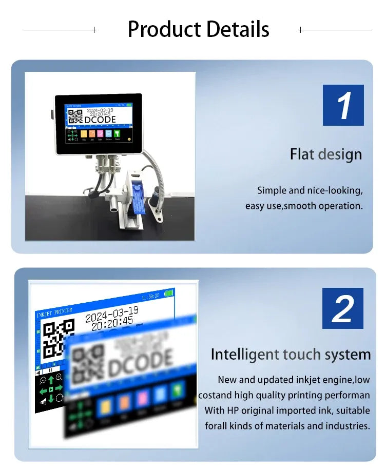 Industrial online inkjet printer with touchscreen display and QR code printing