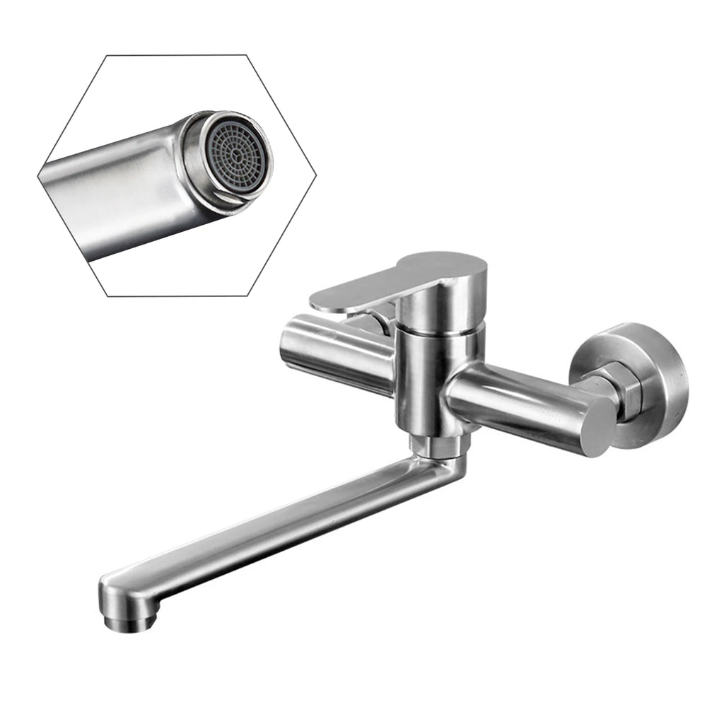 Silver Wall-Mounted Stainless Steel Rotatable Kitchen Faucet 360° Single Handle Hot and Cold Water Faucet For Both Homes Etc