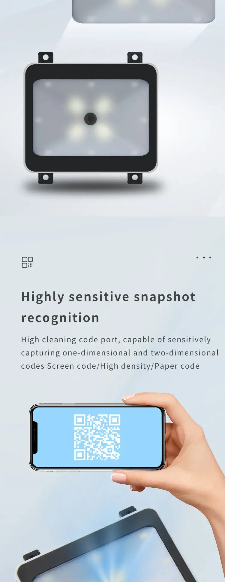 Black-framed QR code reader module with front glass window and mounting corners