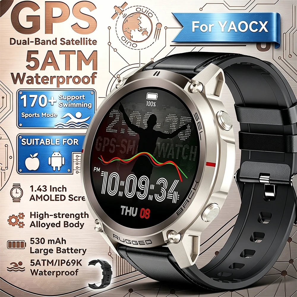 2026 New Outdoor GPS Smart Watch Map Compass Navigation 5ATM Waterproof Bluetooth Call 100+Sport Mode Men AMOLED HD Smart Watch