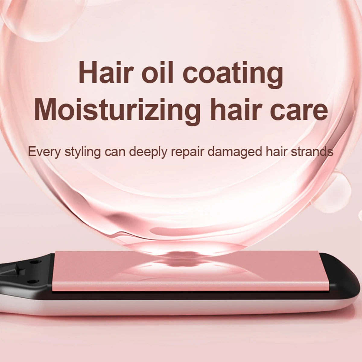 Pink wide-plate hair straightener with moisturizing oil coating for professional salon styling and damaged hair repair.