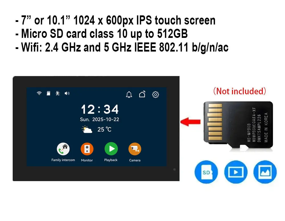 7" Touch Monitor Tuya WIFI Video Building Intercom System 2 Wire Cable Port 2-4 Units Apartment Video Door Phone Doorbell Kits
