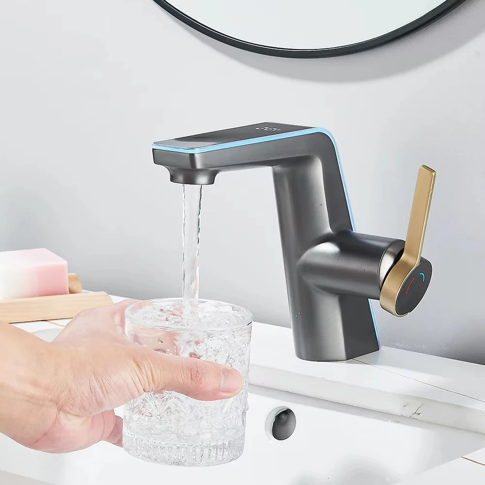 Digital Display Screen Bathroom Basin Sink Faucet 2-ways Spout LED Washbasin Taps Hot Cold Water Deck Mounted Mixers