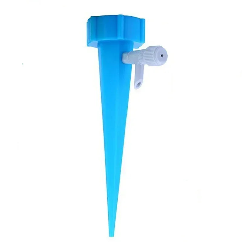 Blue drip irrigation stake with built-in adjustable valve and drip outlet