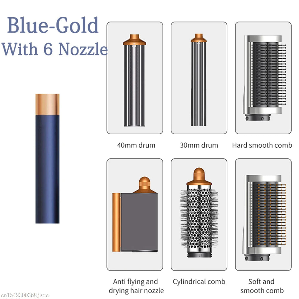 SenCiciMen X9 blue-gold hair styler set with 6 attachments: curling drums, smoothing combs, and dryer nozzle.