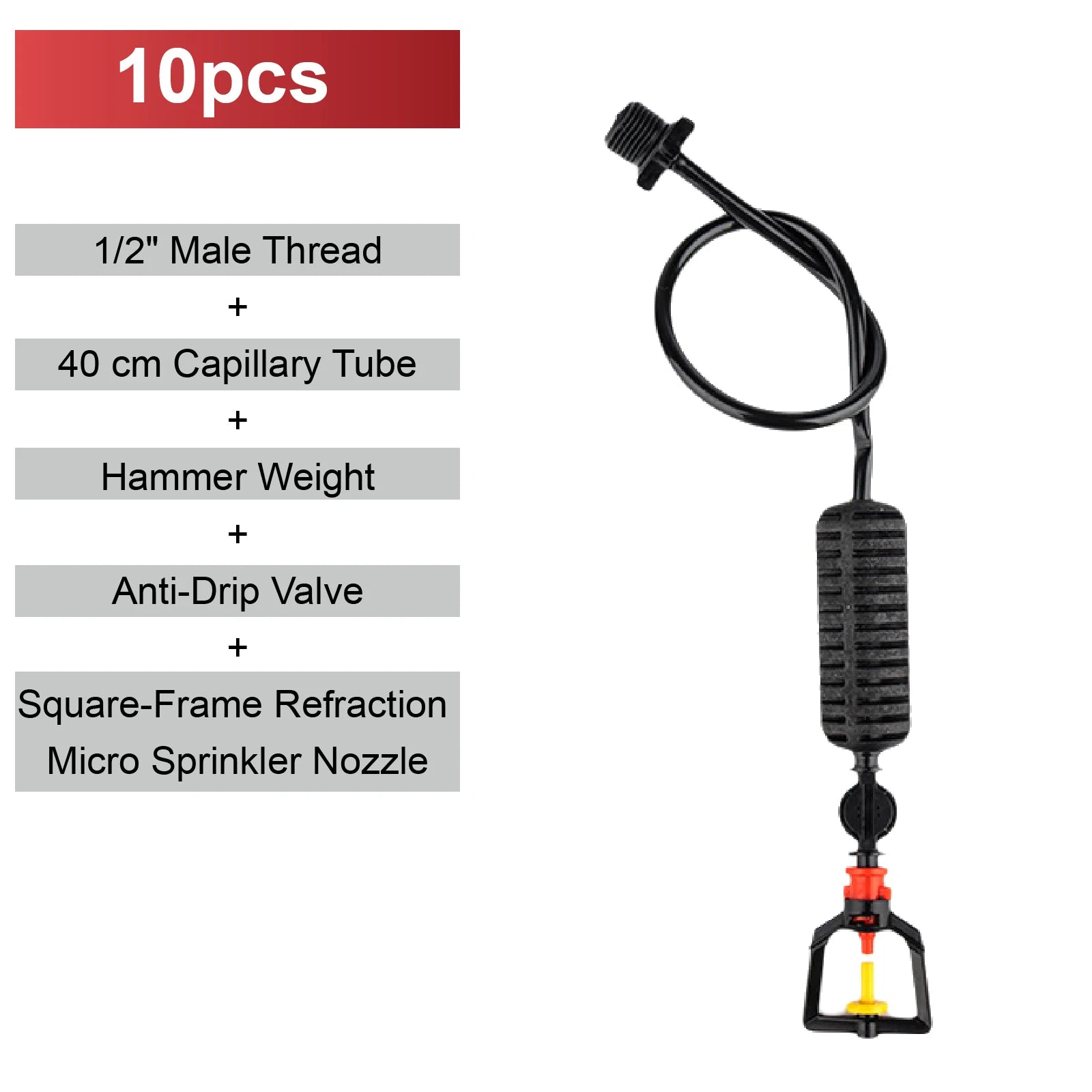 Hanging micro mist sprinkler nozzle with capillary tube, anti-drip valve and weight