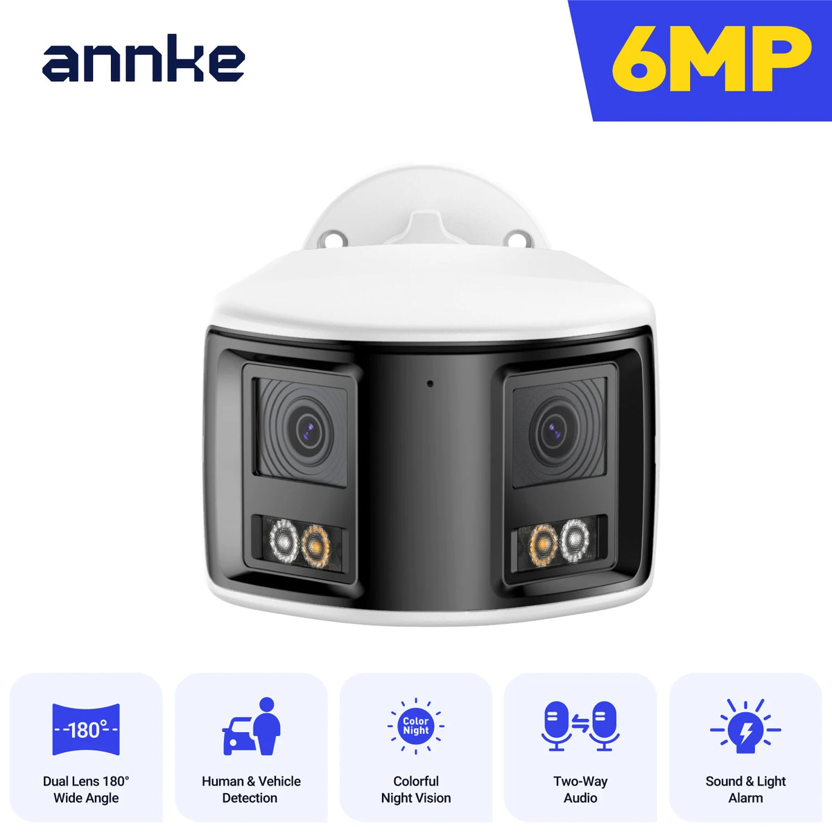 White dual-lens outdoor security camera front view with 6MP badge and two lenses