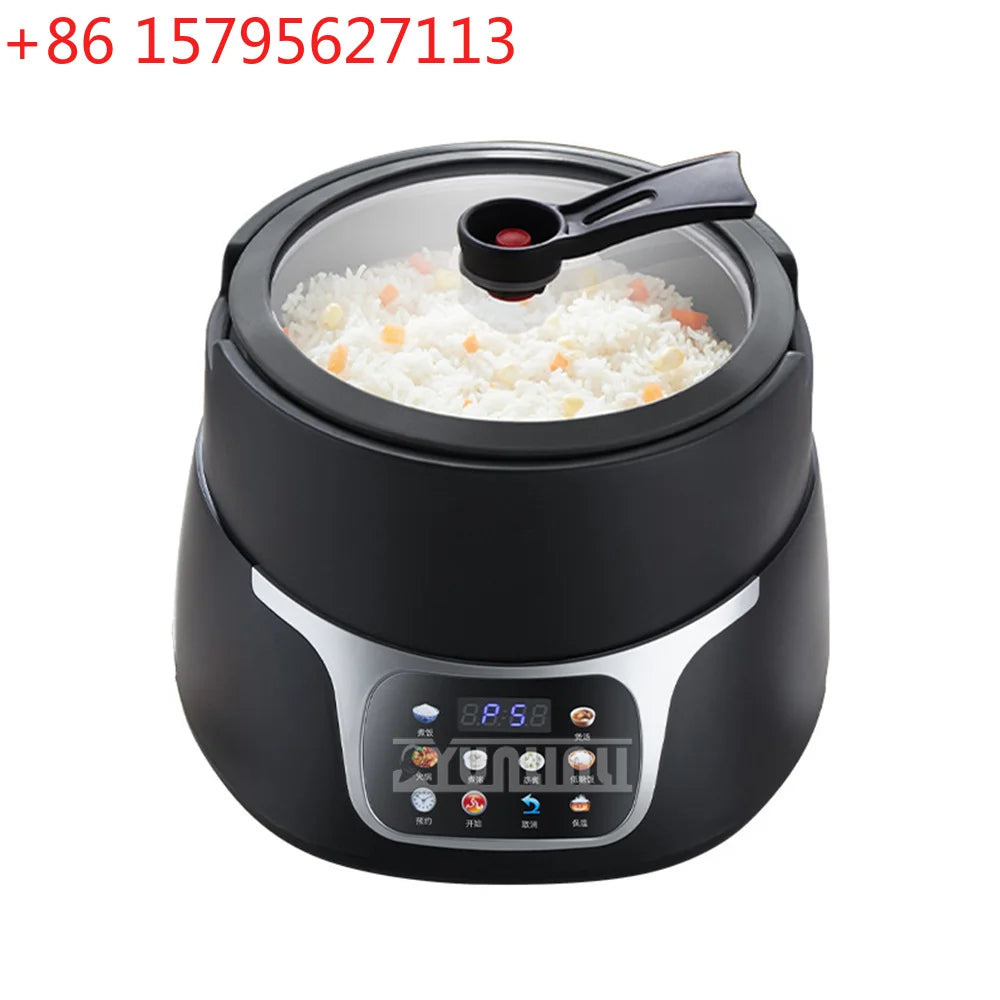 5L black electric rice cooker with glass lid and removable inner pot, front control panel