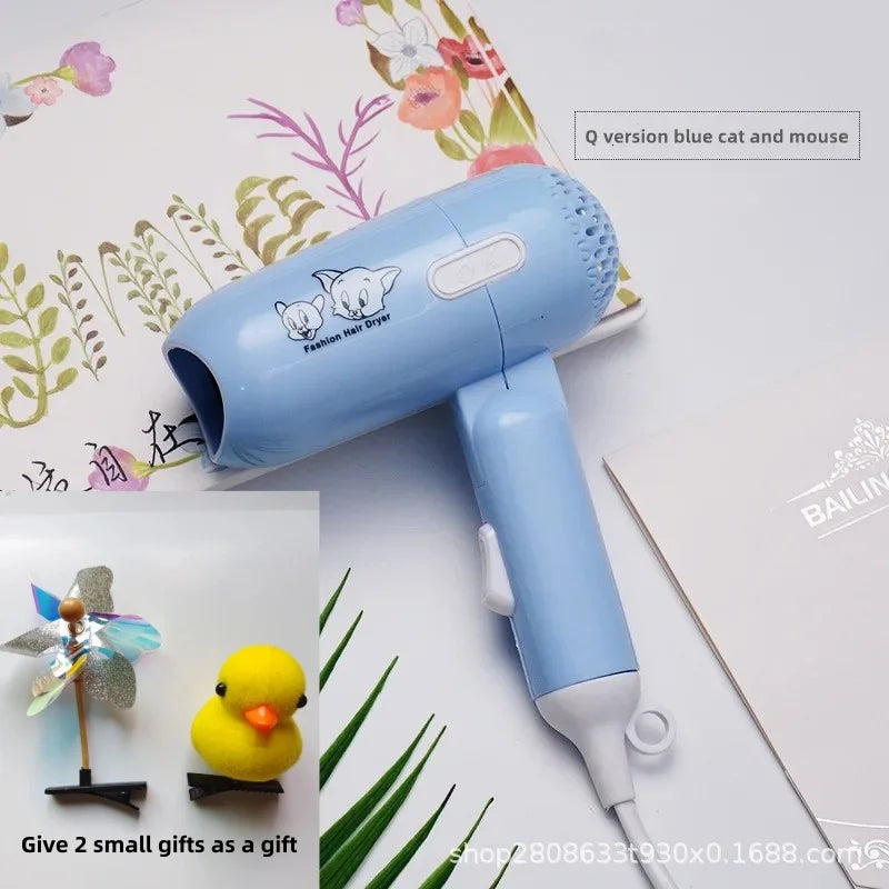 Blue folding travel hair dryer with cat/mouse design, 400W low power, includes two small cute hair clip gifts.