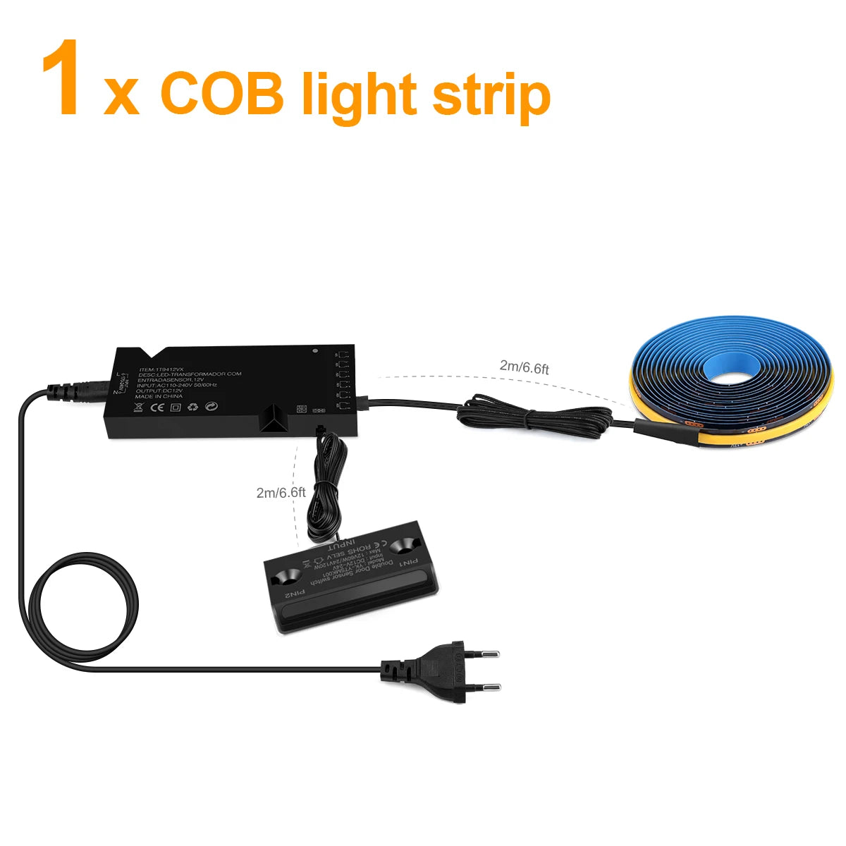 COB LED light strip kit with black controller, blue strip, wiring and plug (1 strip)
