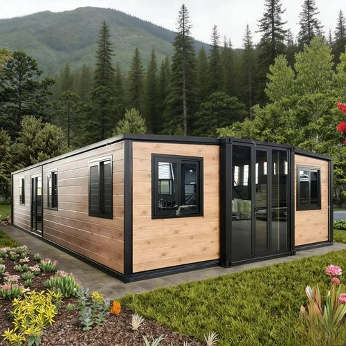 Expandable modular container house exterior with wood panels and black window frames