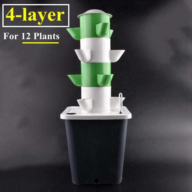 4-tier vertical hydroponic vegetable planter tower with green top baskets and white channels over black base