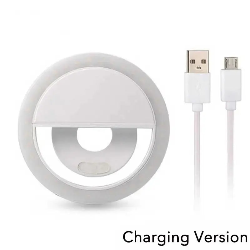 White circular LED clip-on selfie ring light with a micro-USB charging cable.