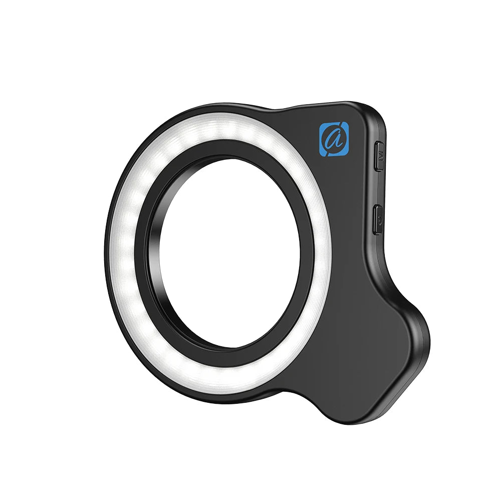 Small black circular ring light for phones with side control buttons for adjustable brightness and photography lighting.