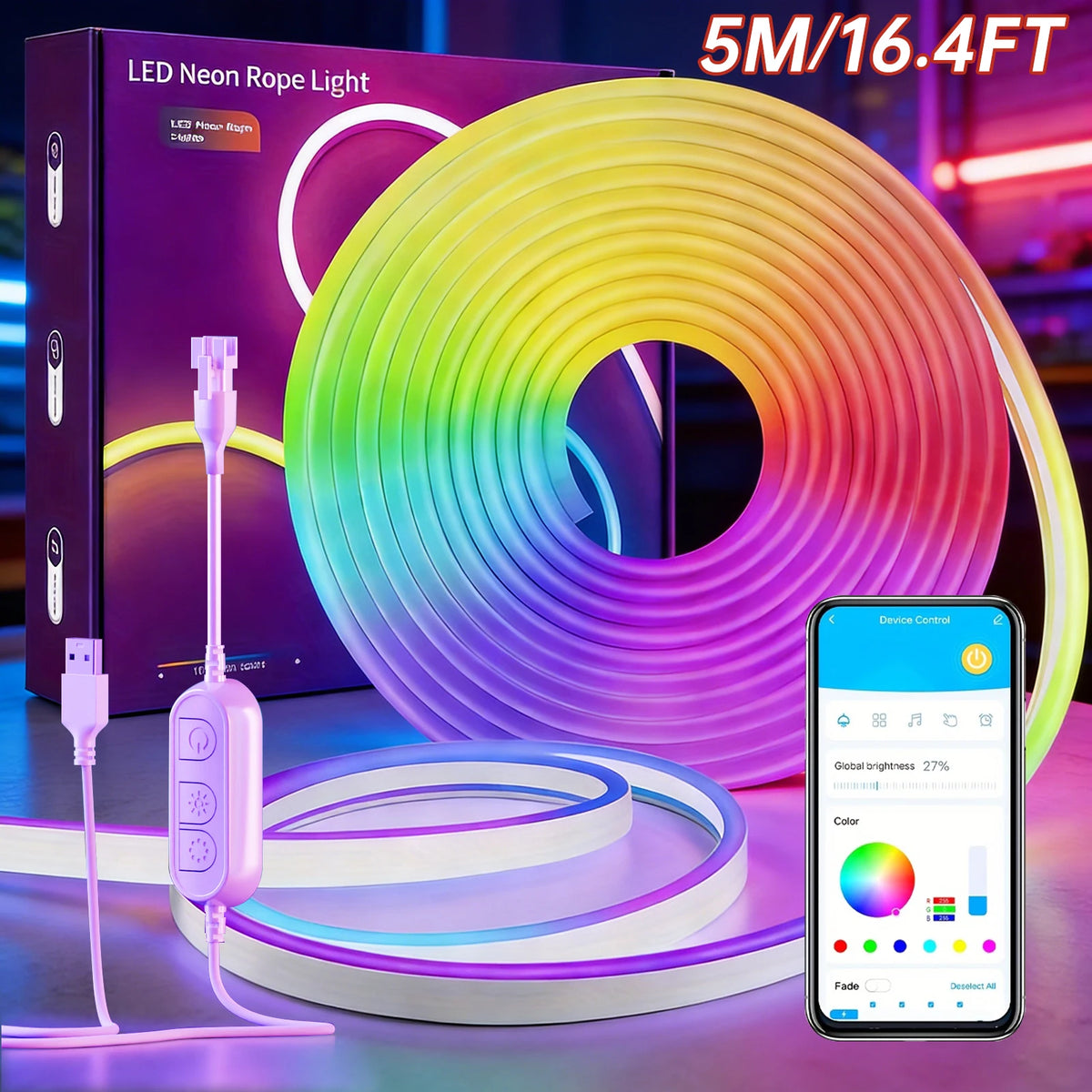 5m RGB LED neon rope light strip kit with USB controller and color app phone view