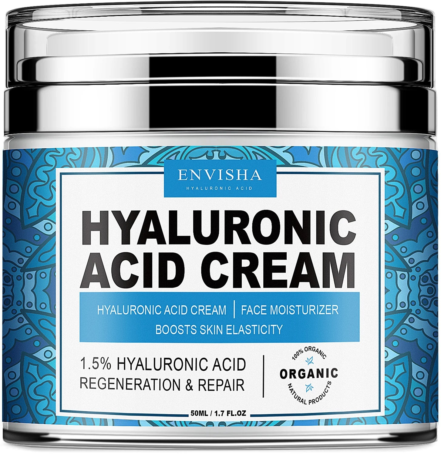 Jar of Envisha Hyaluronic Acid face cream with a silver lid and a blue, patterned label.