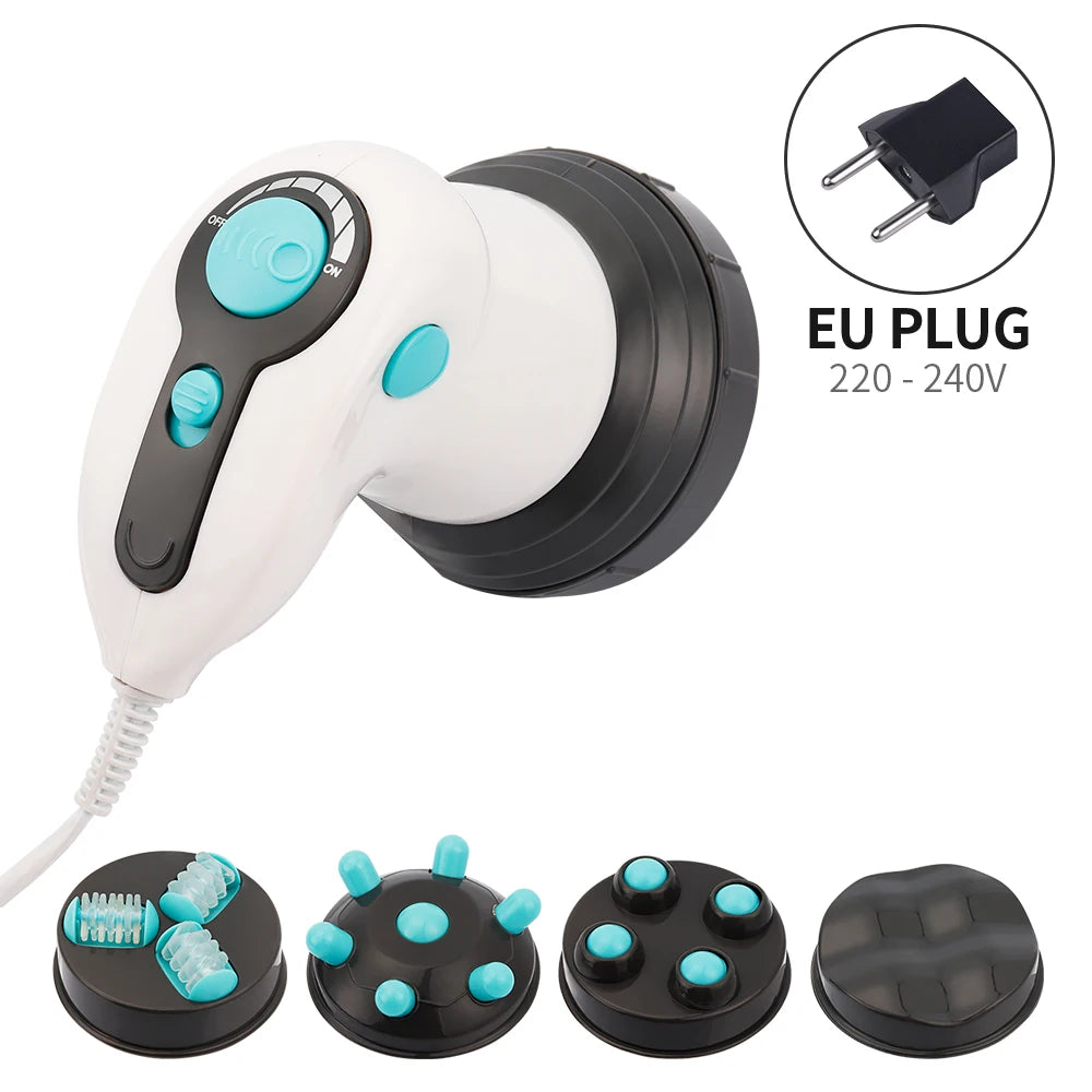 Electric handheld body massager with white and black plastic casing, turquoise buttons, and four interchangeable heads.