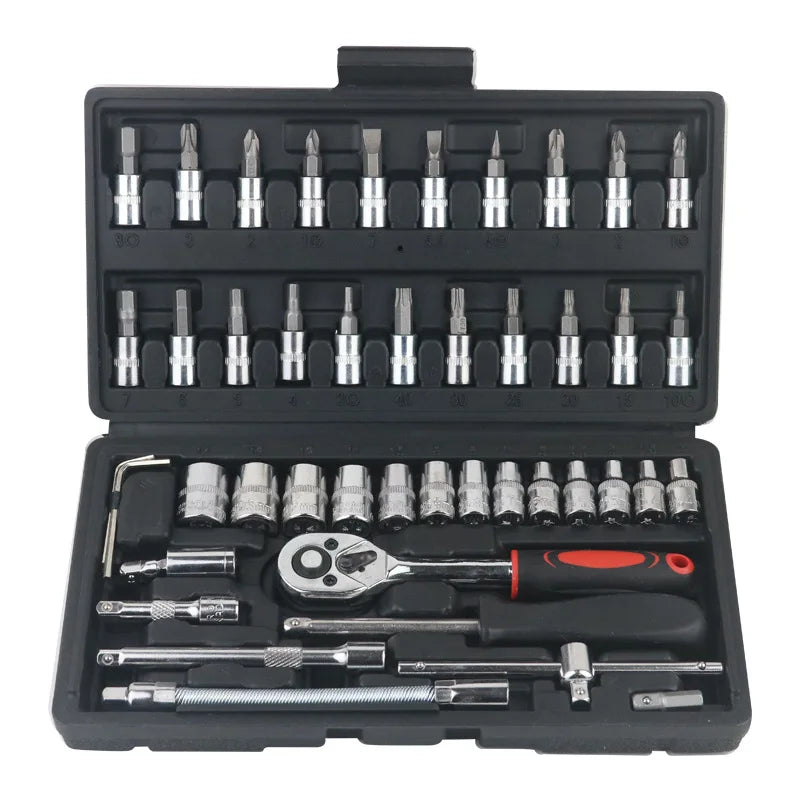EAFC 46 PCs Automotive Repair Hand Tool Set Mechanic'S Tool Box 1/4"Socket Spanner Ratcheting Screwdriver Ratcheting Screwdriver