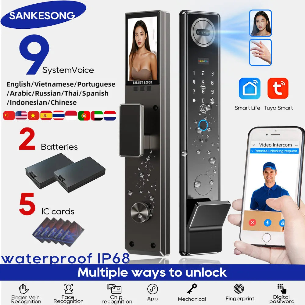 SANKESONG 3D Face Recognition Fingerprint Smart Door Lock WiFi Camera Electronic Lock Digital Electronic Key IC Card APP Unlock