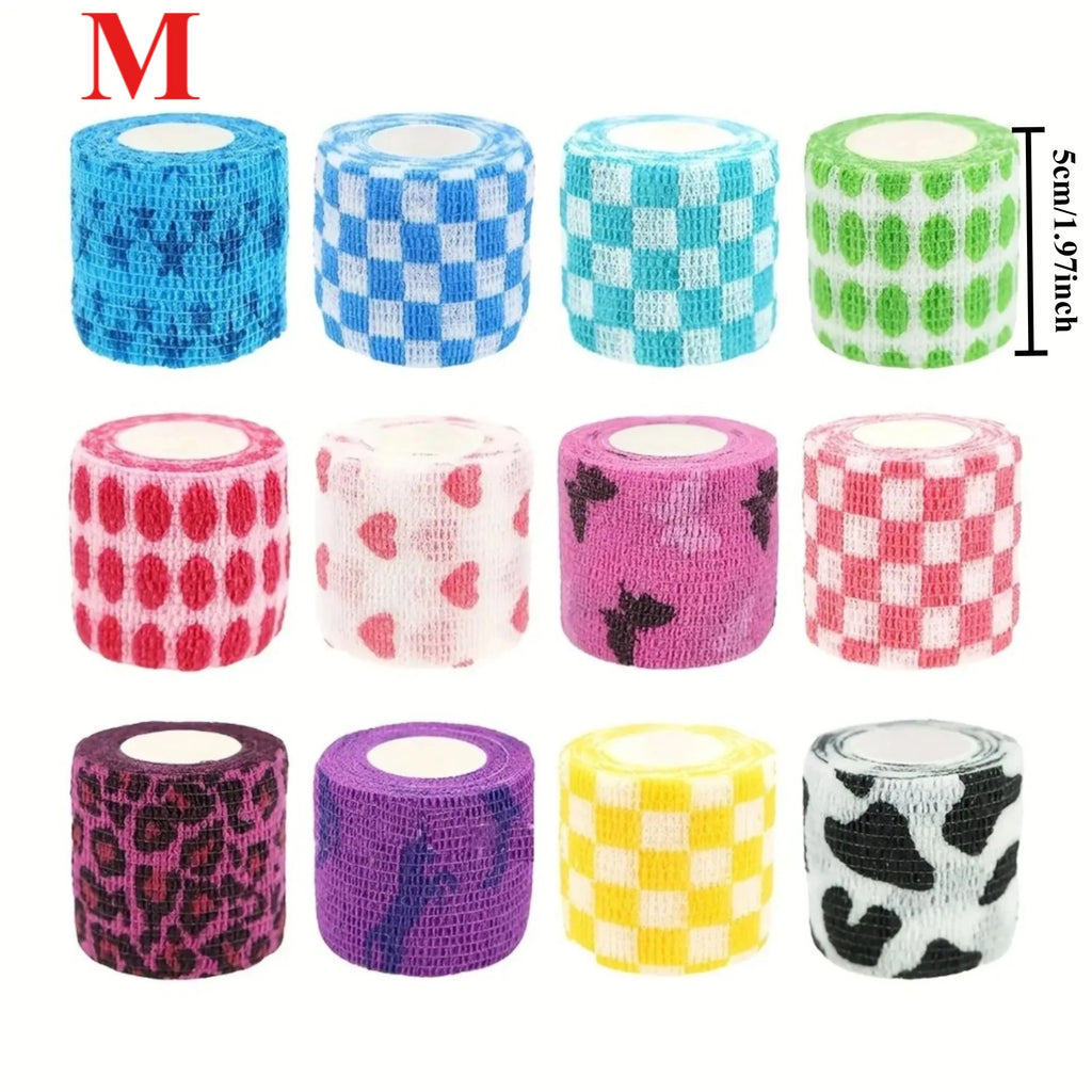 Colorful, breathable self-adherent pet bandages (5cm) for dog and cat wound care and sports support.