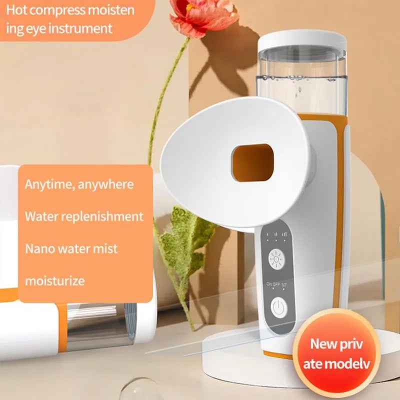 Portable USB rechargeable eye moisturizer device with nano mist sprayer for hot and cold soothing eye care.