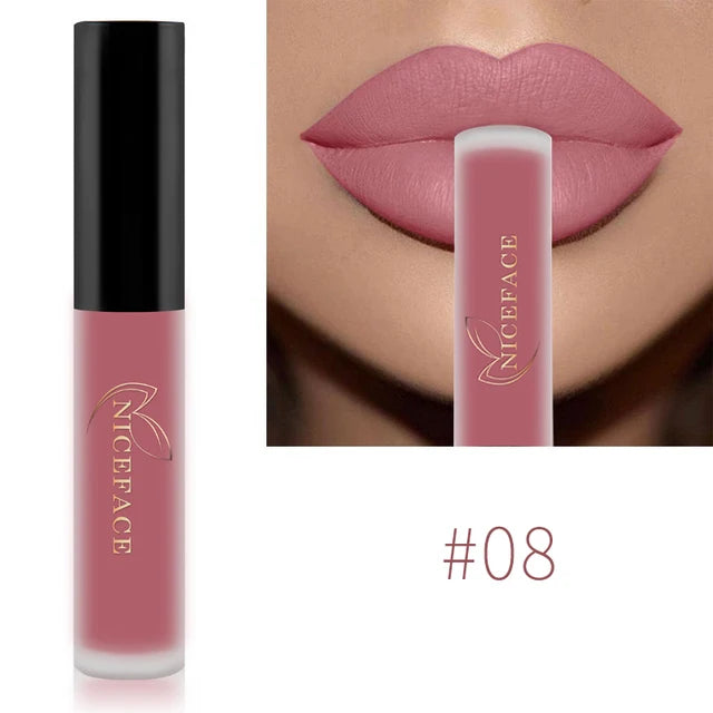 Niceface waterproof matte liquid lipstick #08 in dusty rose shade, showing long-lasting pigment on lips.