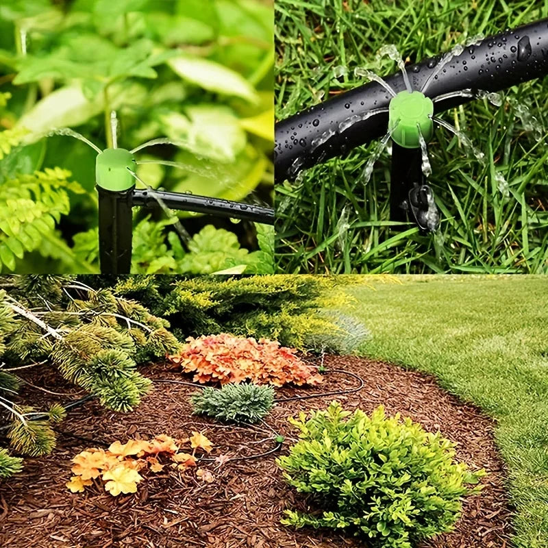 Green and black drip irrigation stake emitters with adjustable 360° water flow ends
