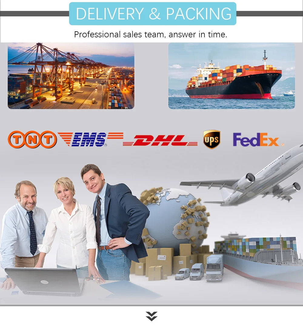 Shipping and delivery graphic with plane, boxes, and logistics service icons