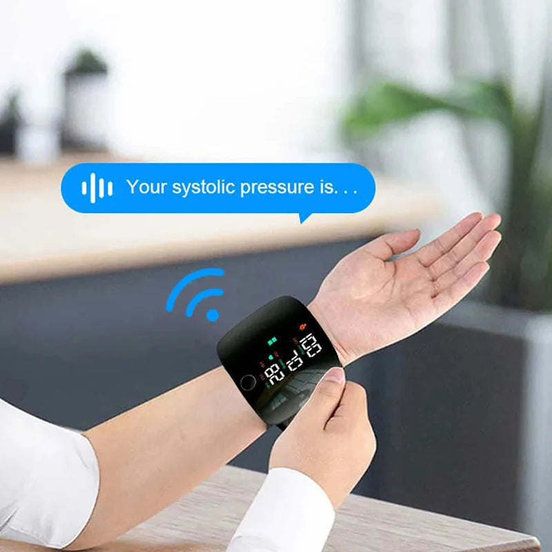 Recharge Digital Wrist Blood Pressure Monitor English Voice Sphygmomanometer Heart Rate Pulse Meter Medical Tonometer USB