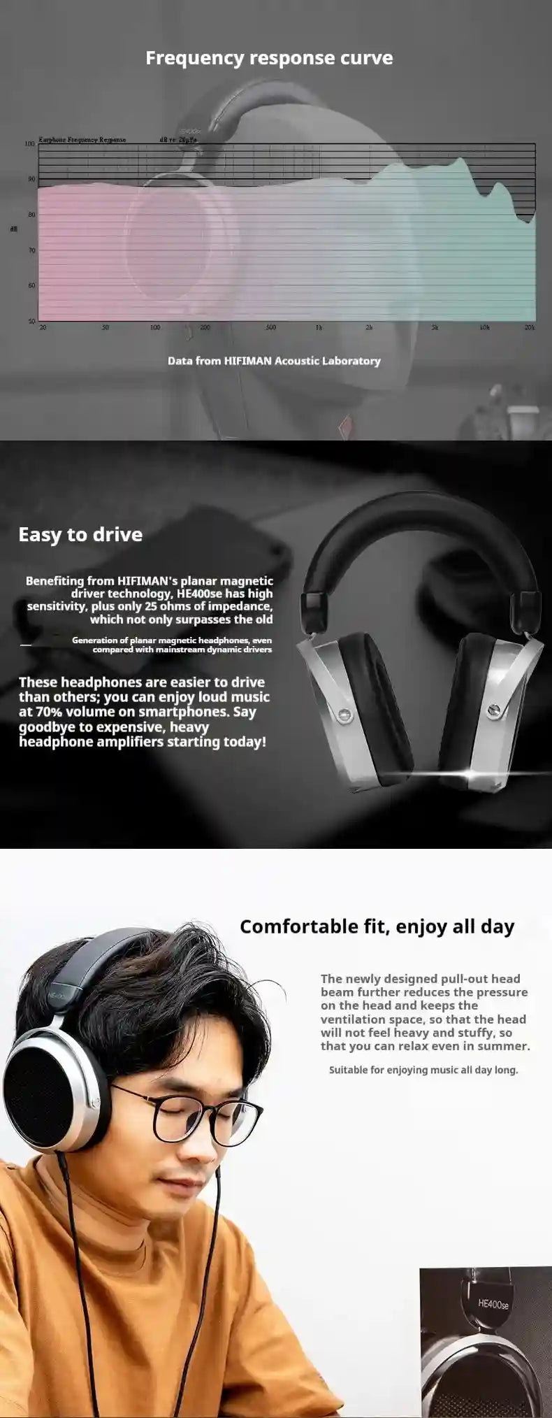 Hifiman HE400se Open-Back Planar Magnetic Headphones - Stealth Magnet Design Tidesmit