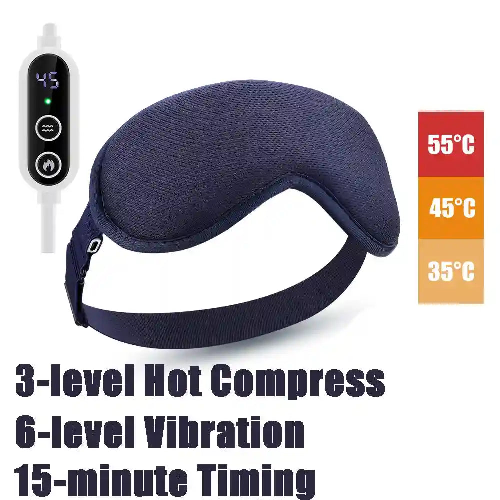 Navy blue fabric heated eye mask with adjustable strap, wired remote for 3-level heat and 6-level vibration settings.